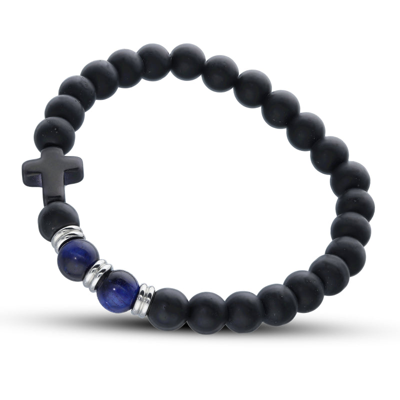 20.5cm Cross Bracelet with Black and Blue Beads in Stainless Steel Bracelets Bevilles 