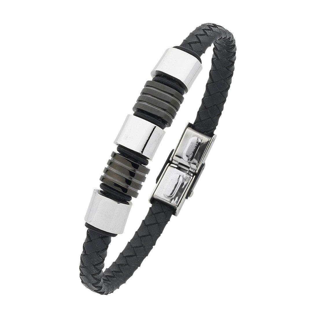 Stainless Steel Black Rubber And Leather 21cm Bracelet Bracelets Bevilles 