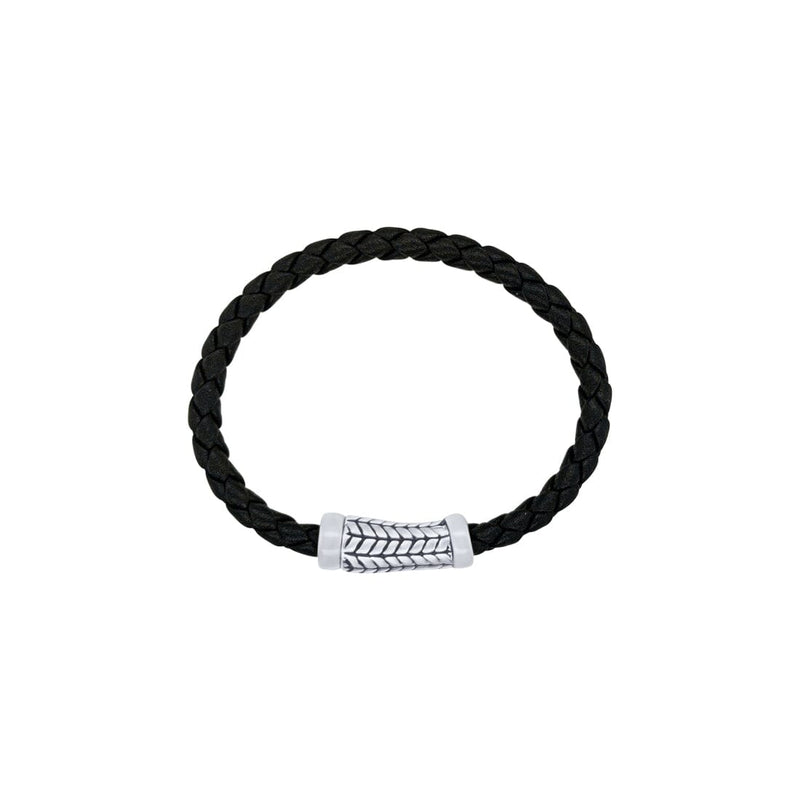 22.8cm Men's Black Leather Bracelet with Stainless Steel Bracelets Bevilles 