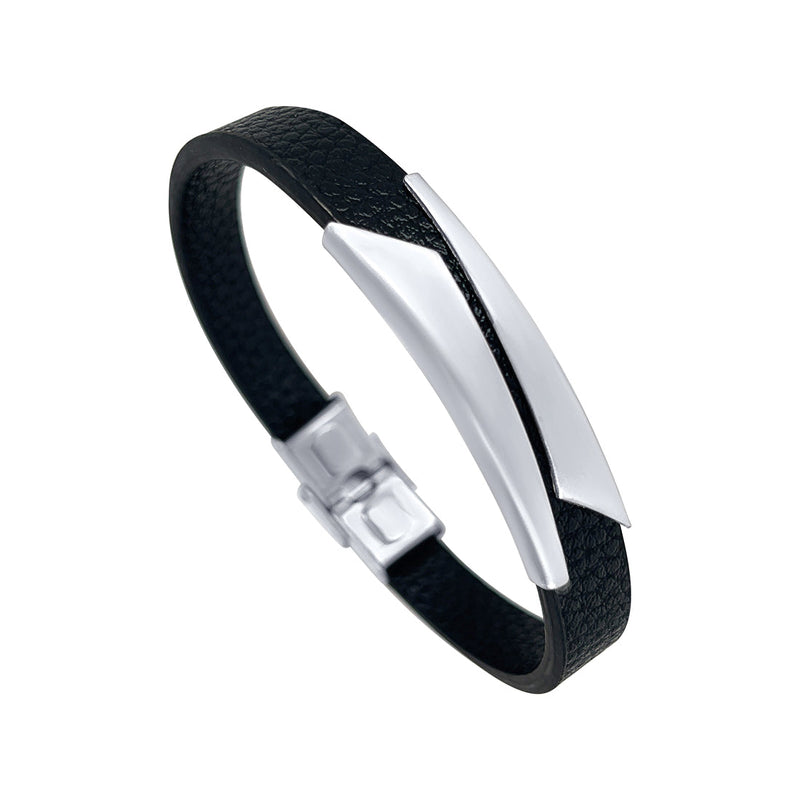Men's Stainless Steel Black Leather Bracelet with Plate Bracelets Bevilles 