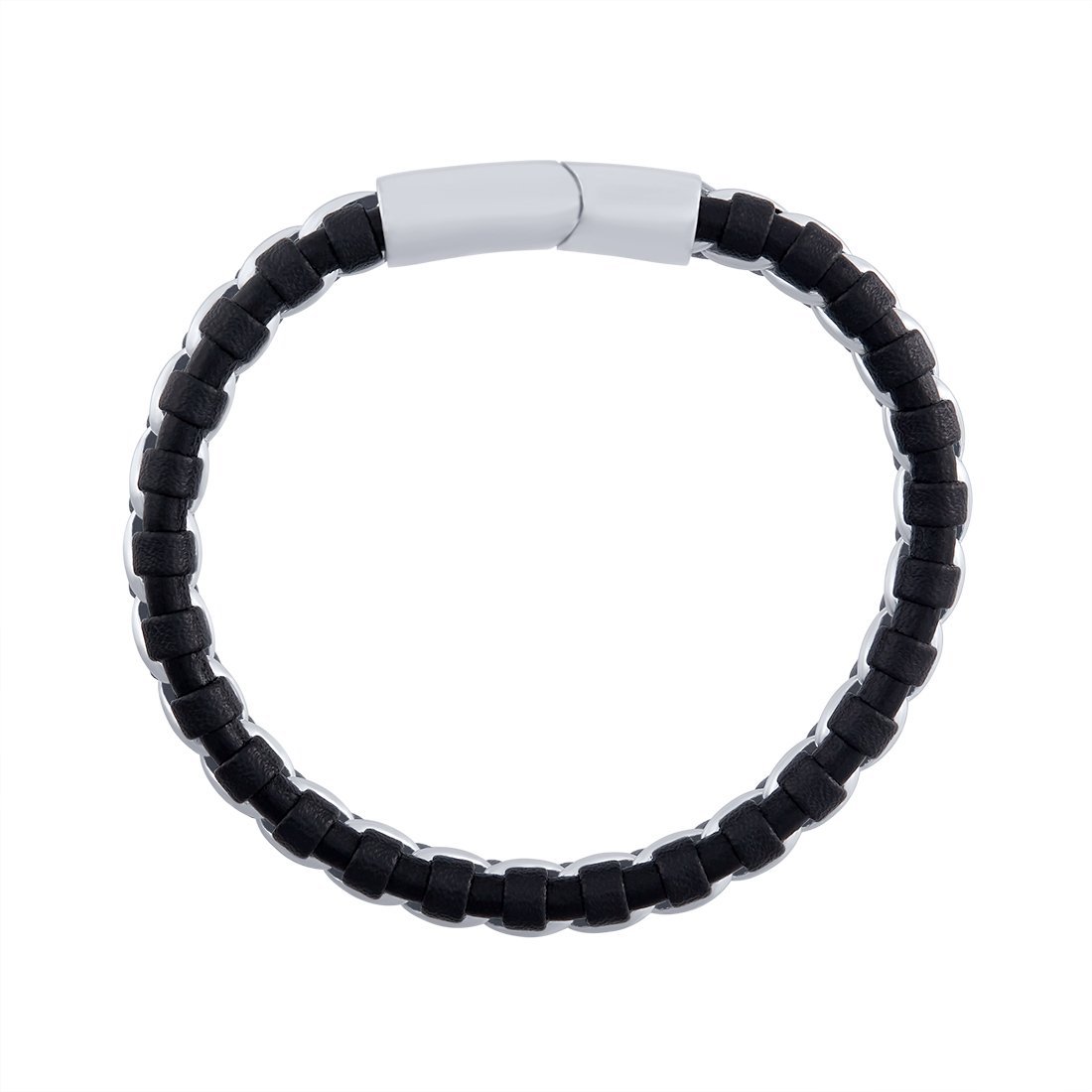 Stainless Steel Black Leather Weave Bracelet 21.5cm Bracelets Bevilles 