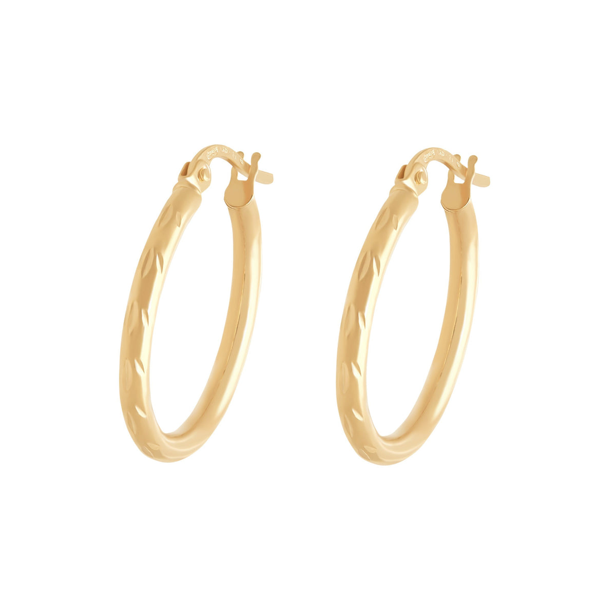 9ct Yellow Gold Etched Hoop Earrings 25mm Earrings Bevilles 