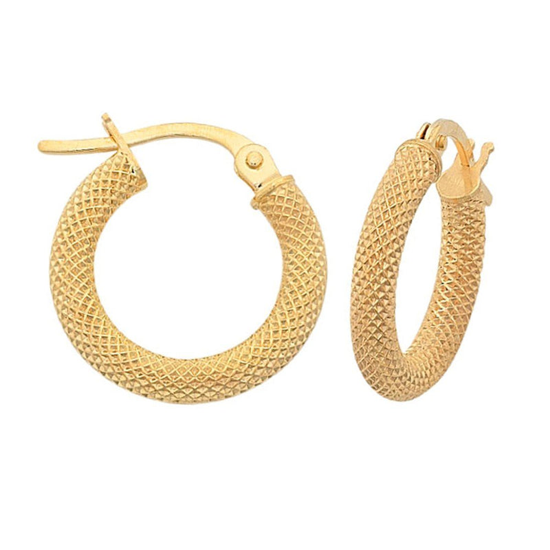 Fancy Mesh Style 15mm Hoop Earrings in 9ct Yellow Gold Earrings Bevilles 