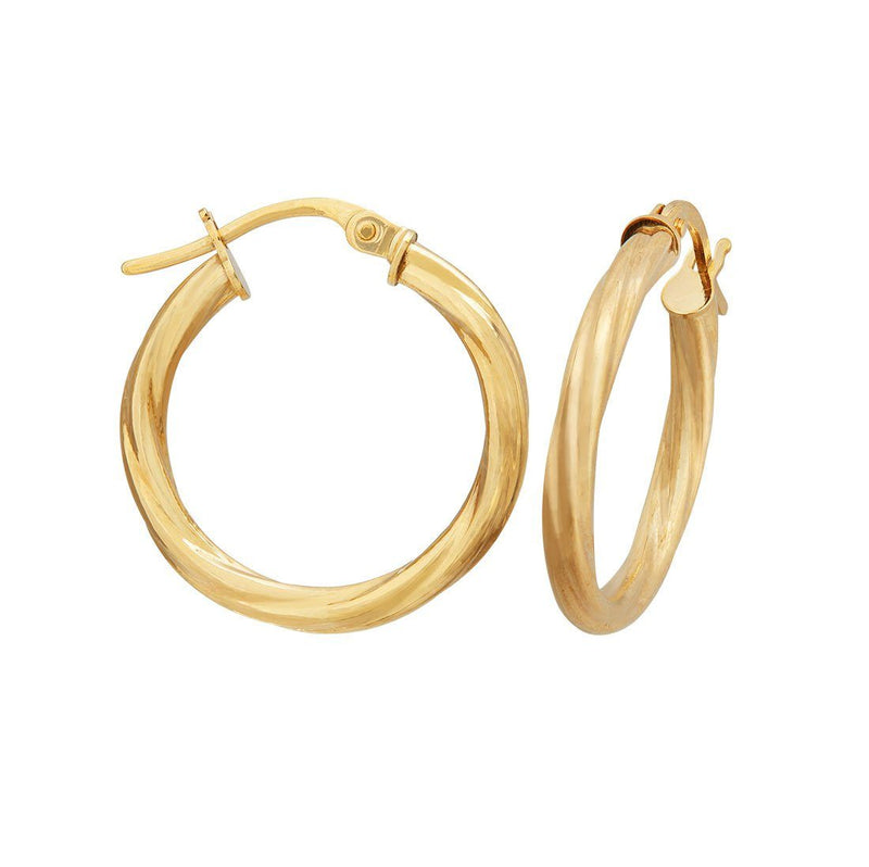 9ct Yellow Gold Twist Hoop Earrings 15mm Earrings Bevilles 