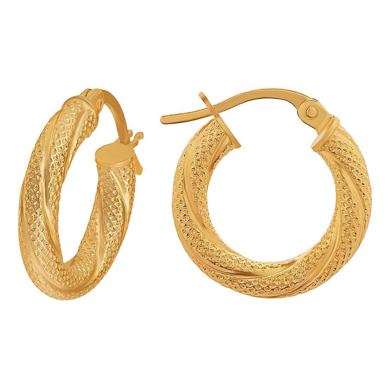 9ct Yellow Gold Patterned Twist Hoop Earrings 30mm Earrings Bevilles 