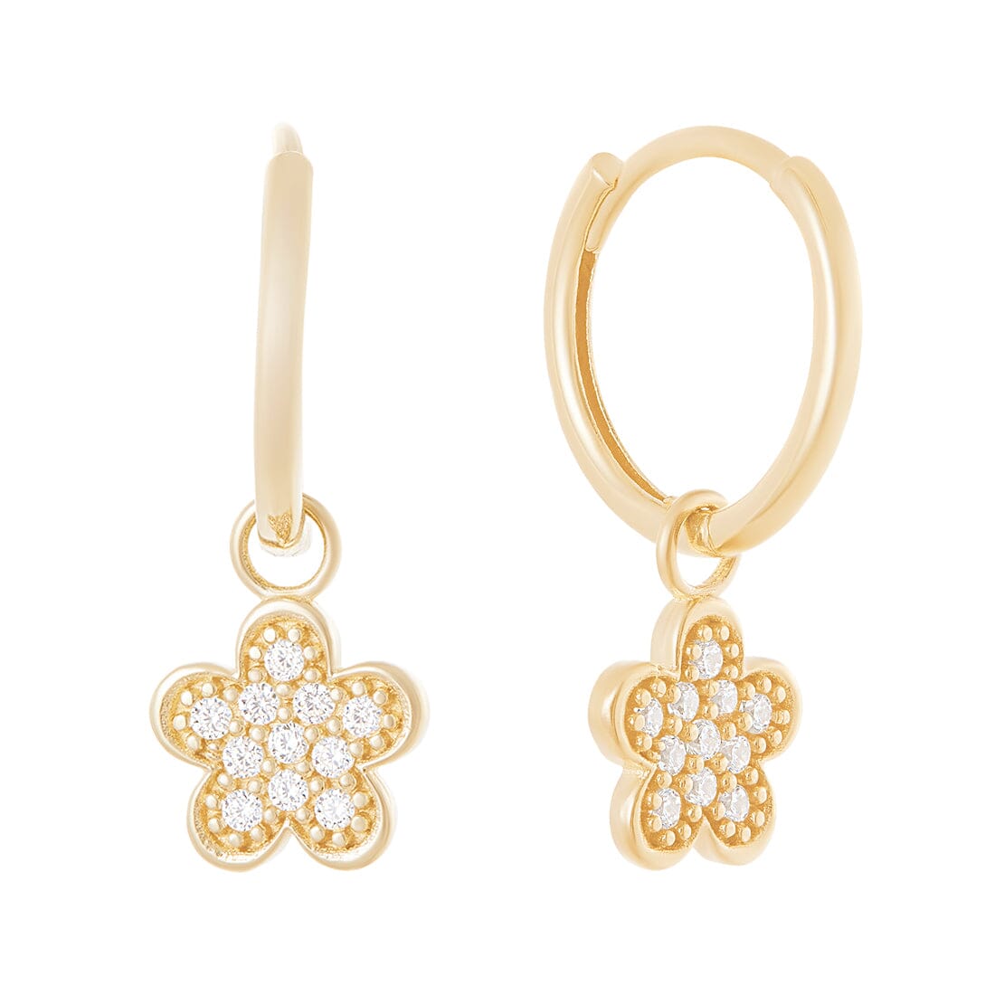 9kt Yellow Gold Pave Flower Charms Hoop Earrings with Cubic Zirconia