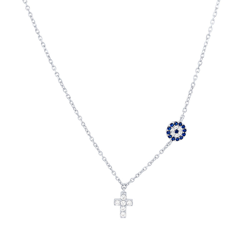 Cross & Evil Eye Cubic Zirconia Sterling Silver Necklace Necklaces Bevilles 
