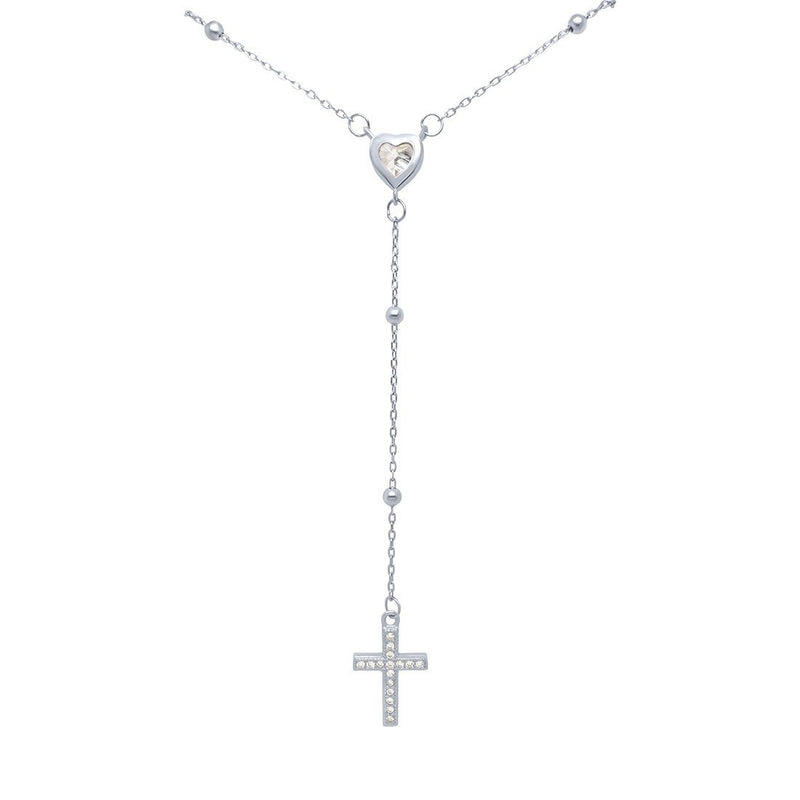 Cross and Heart Rosary Necklace with Cubic Zirconia in Sterling Silver Necklaces Bevilles 