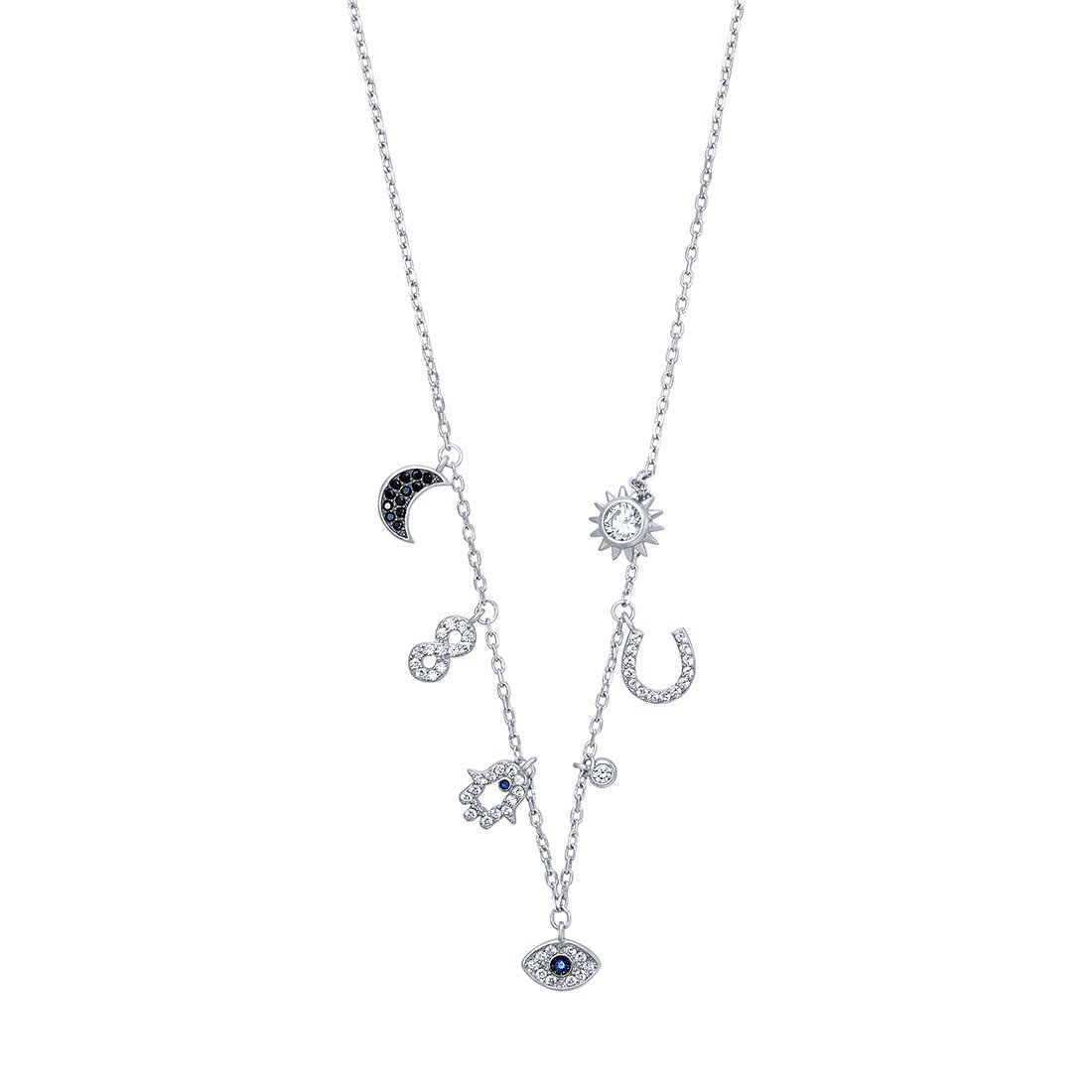 Multi Charm Necklace with Cubic Zirconia in Sterling Silver Necklaces Bevilles 