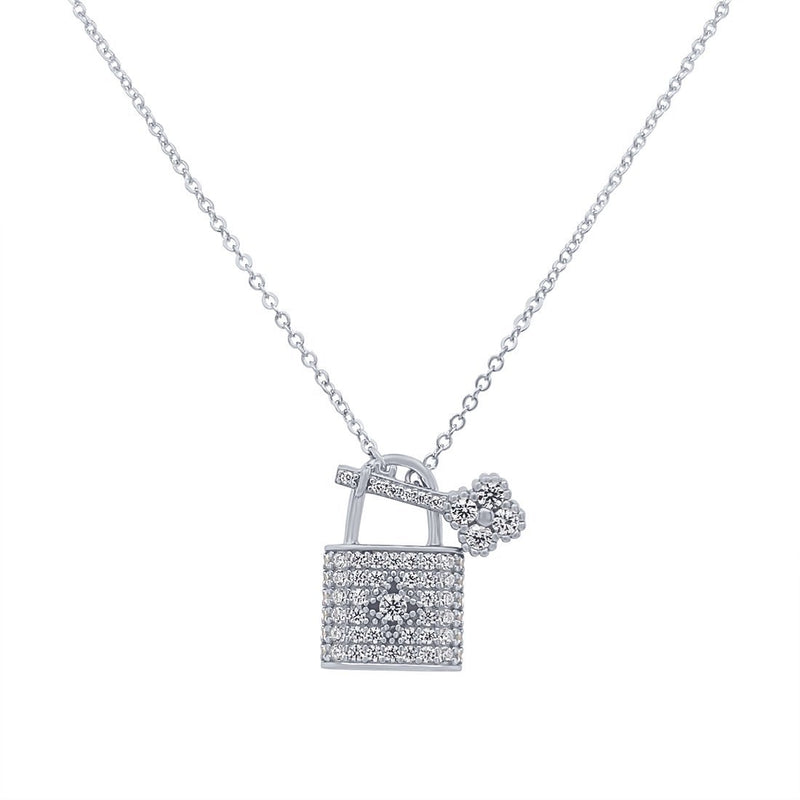 Sterling Silver Lock and Key Pendant Necklace with Cubic Zirconia Necklaces Bevilles 