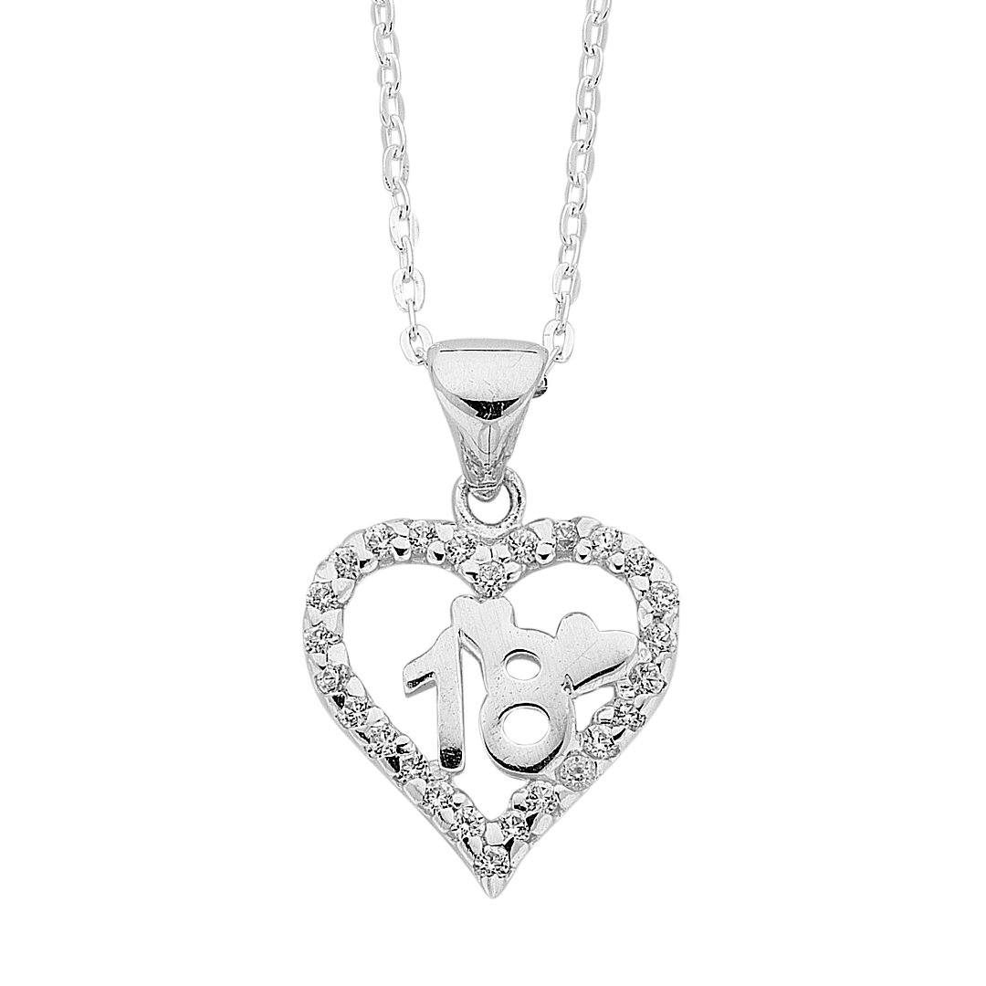 Sterling Silver 18th Birthday Heart Pendant Necklace with Cubic Zirconias Necklaces Bevilles 