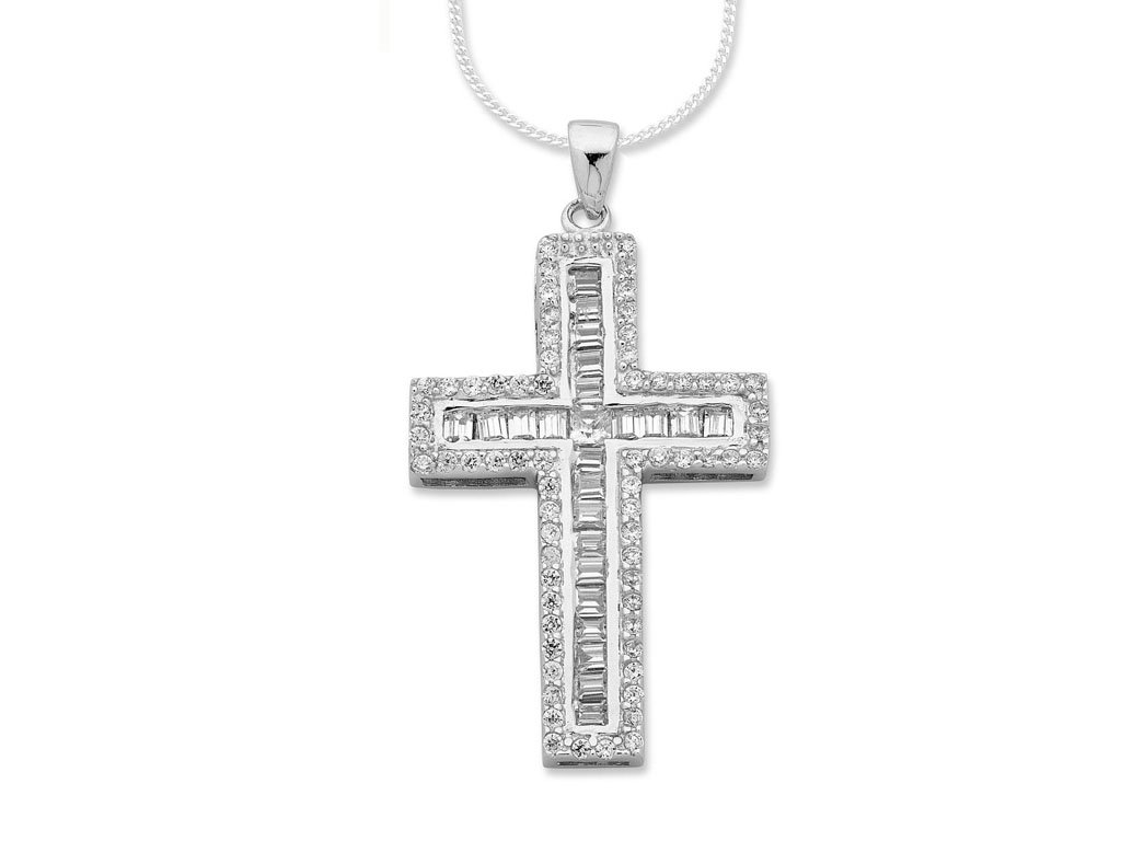 45cm Sterling Silver Cubic Zirconia Cross Necklace
