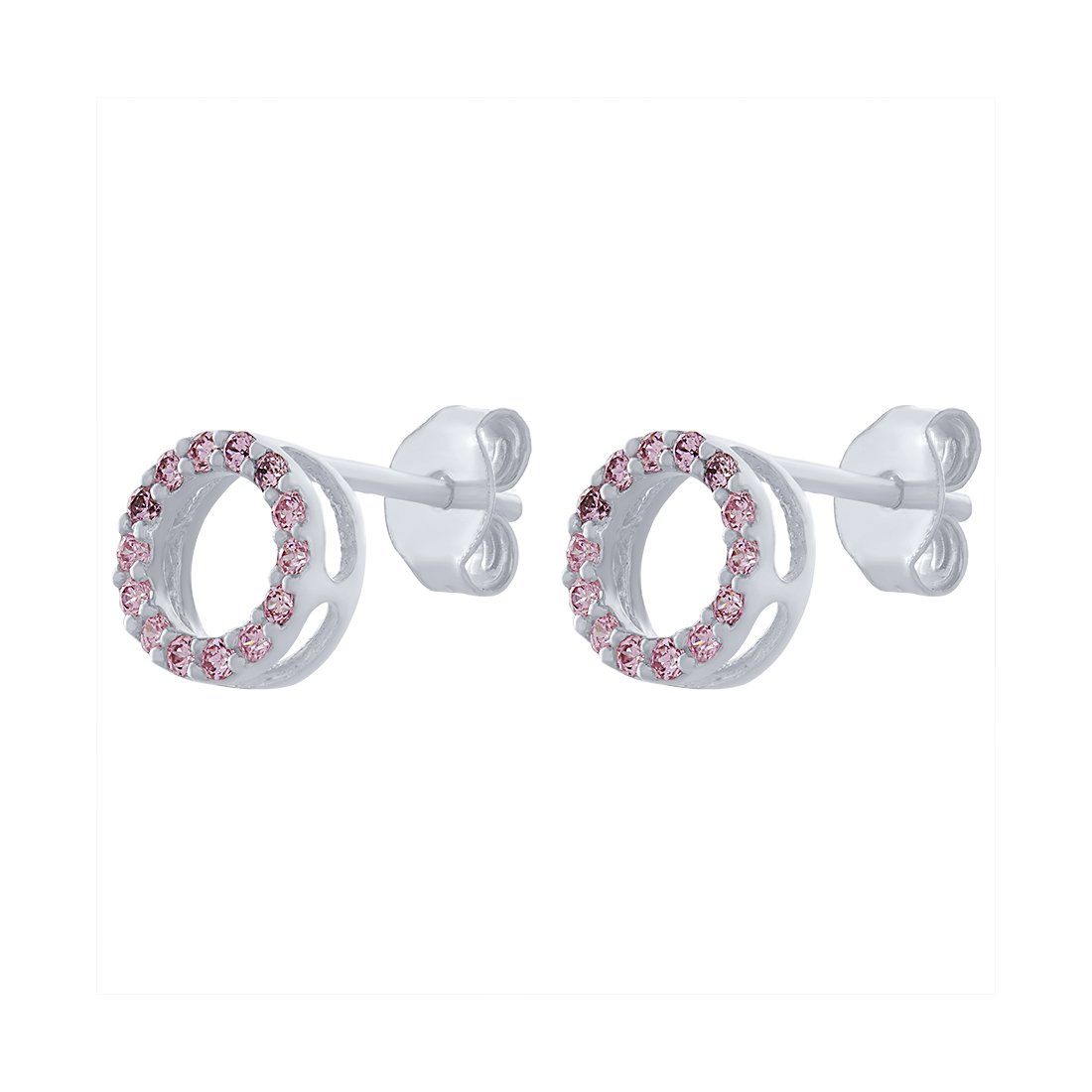 Open Circle Stud Earrings with Pink Cubic Zirconia in Sterling Silver Earrings Bevilles 