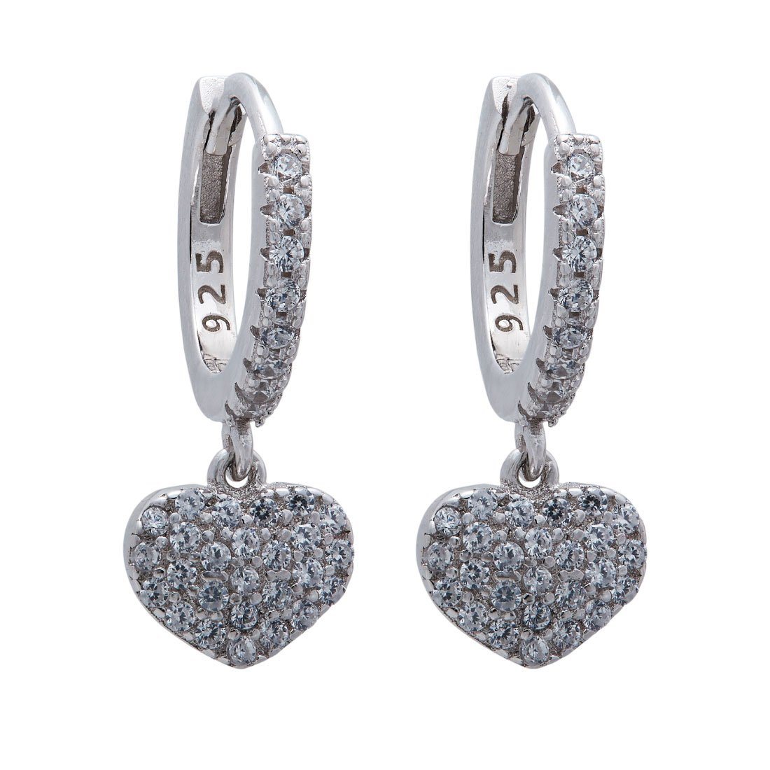 Cubic Zirconia Heart Drop Hoop Earrings in Sterling Silver Earrings Bevilles 