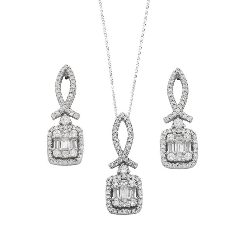 Sterling Silver Baguette Cubic Zirconia Cluster Earrings and Necklace Set Earrings Bevilles 