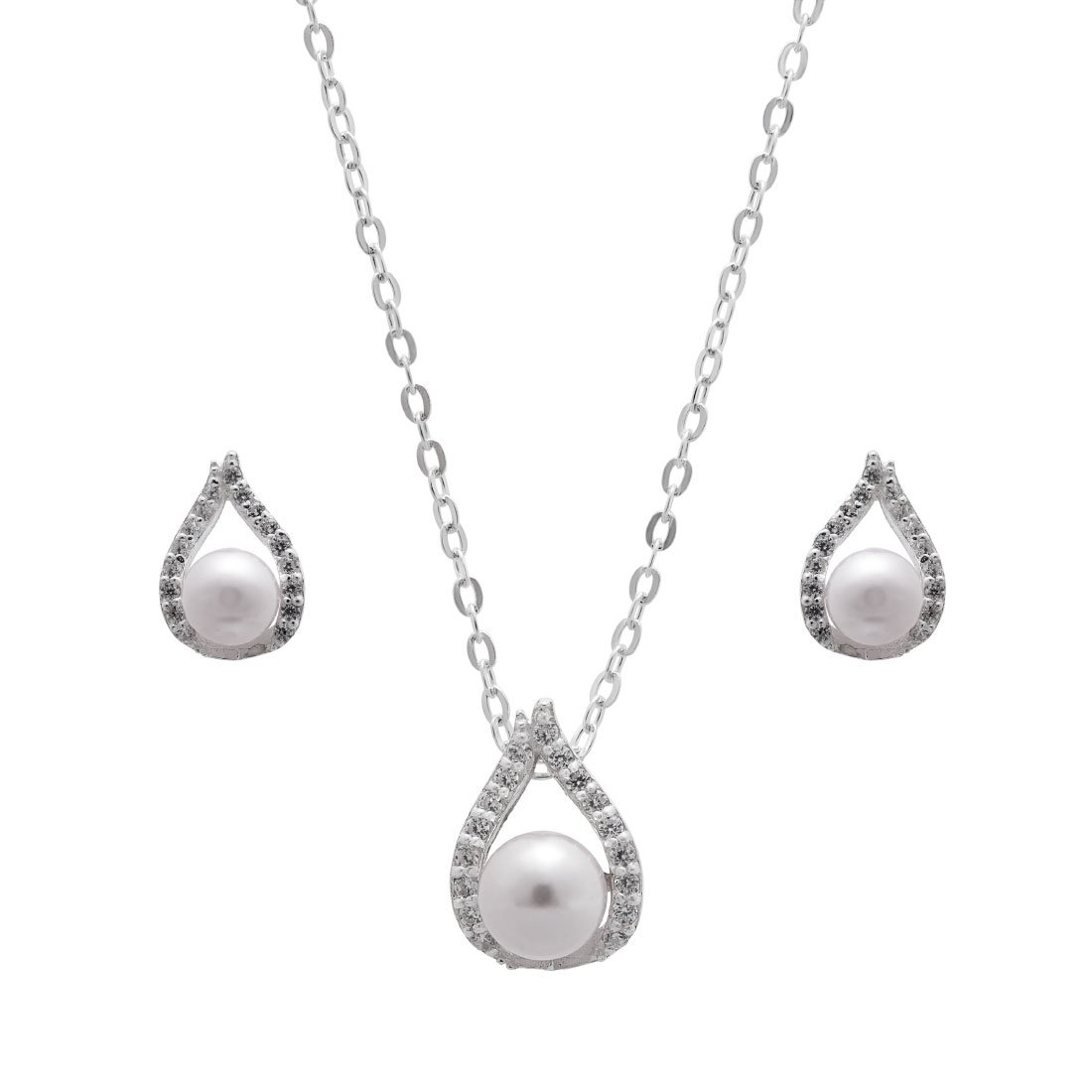 Synthetic White Pearl Necklace and Earrings Set in Sterling Silver Jewellery Sets Bevilles 