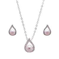 Synthetic Pink Pearl Necklace and Earrings Set in Sterling Silver Jewellery Sets Bevilles 