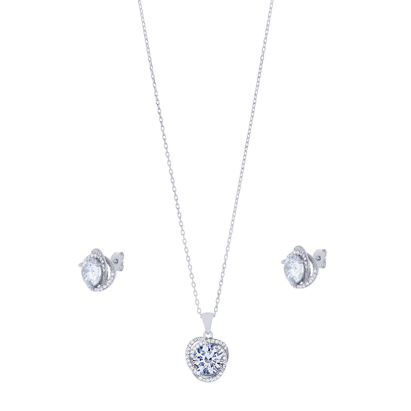 Sterling Silver Cubic Zirconia Swirl Halo Stud Earrings and Necklace Set Jewellery Sets Bevilles 