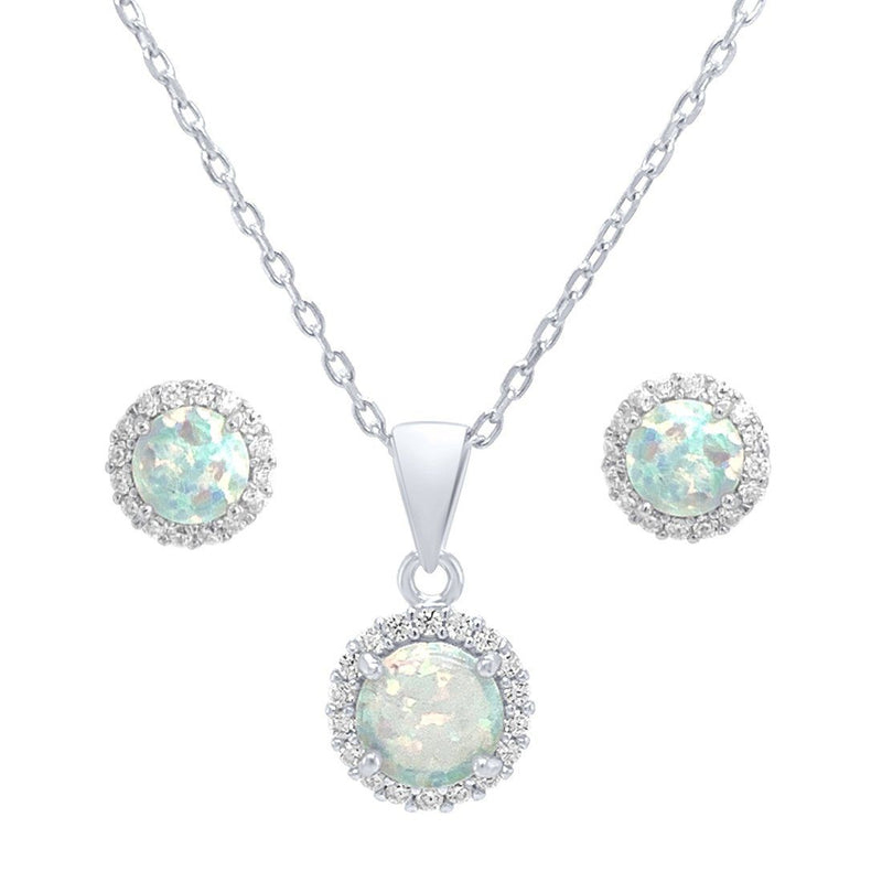 Sterling Silver and Synthetic White Opal and Cubic Zirconia Earrings and Necklace 45cm Set Jewelley Sets Bevilles 