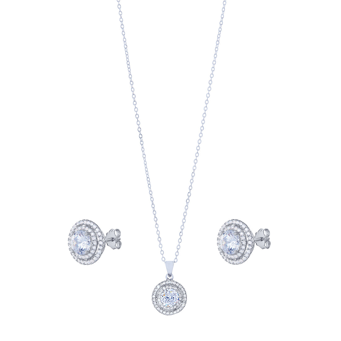 Sterling Silver Cubic Zirconia Double Halo Stud Earring and Necklace Set Jewellery Sets Bevilles 