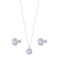 Sterling Silver Cubic Zirconia Double Halo Stud Earring and Necklace Set Jewellery Sets Bevilles 