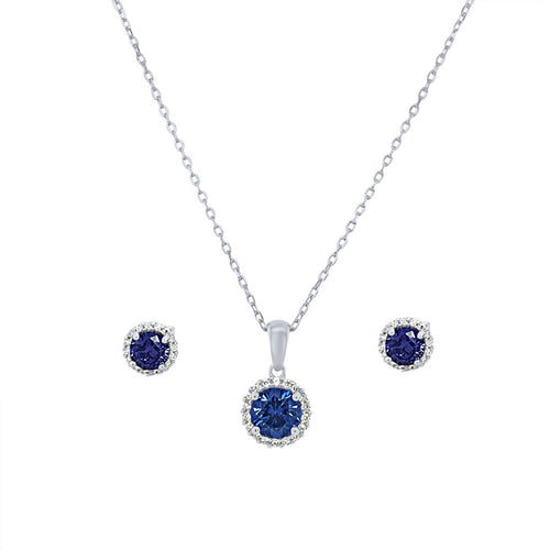 Blue Cubic Zirconia Halo Necklace & Earrings Jewellery Set Jewellery Sets Bevilles 