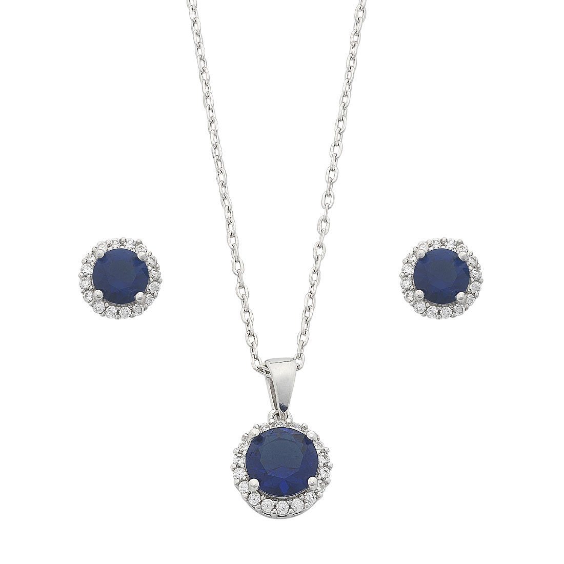 Sterling Silver Sapphire Cubic Zirconia Earrings and Necklace Set Jewellery Sets Bevilles 