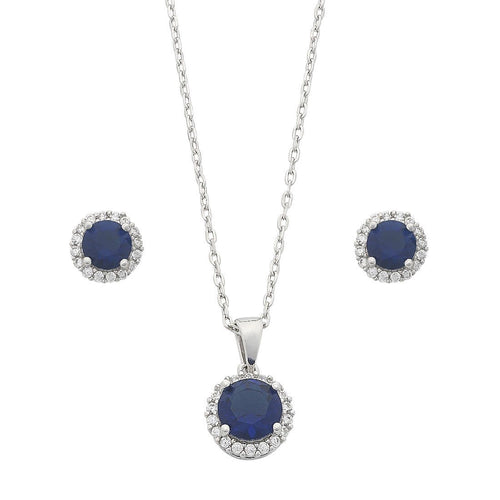 Sterling Silver Sapphire Cubic Zirconia Earrings and Necklace Set Jewellery Sets Bevilles 