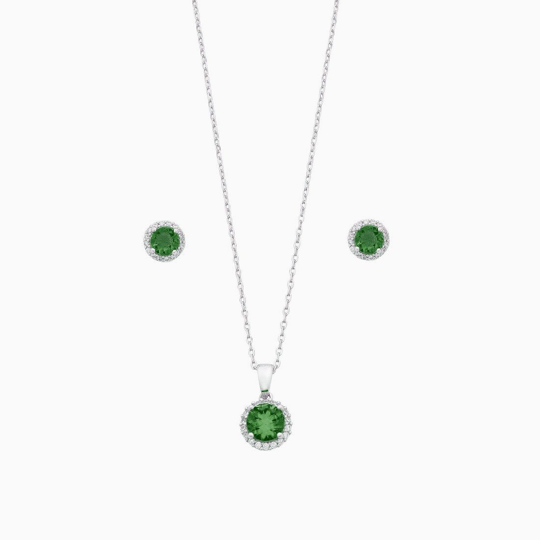 Sterling Silver with Dark Green and White Cubic Zirconia Earrings and Necklace 45cm Set Jewelley Sets Bevilles 