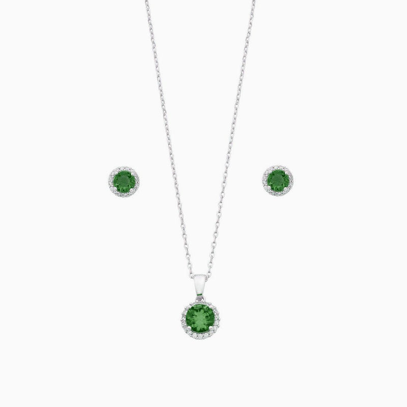 Sterling Silver with Dark Green and White Cubic Zirconia Earrings and Necklace 45cm Set Jewelley Sets Bevilles 