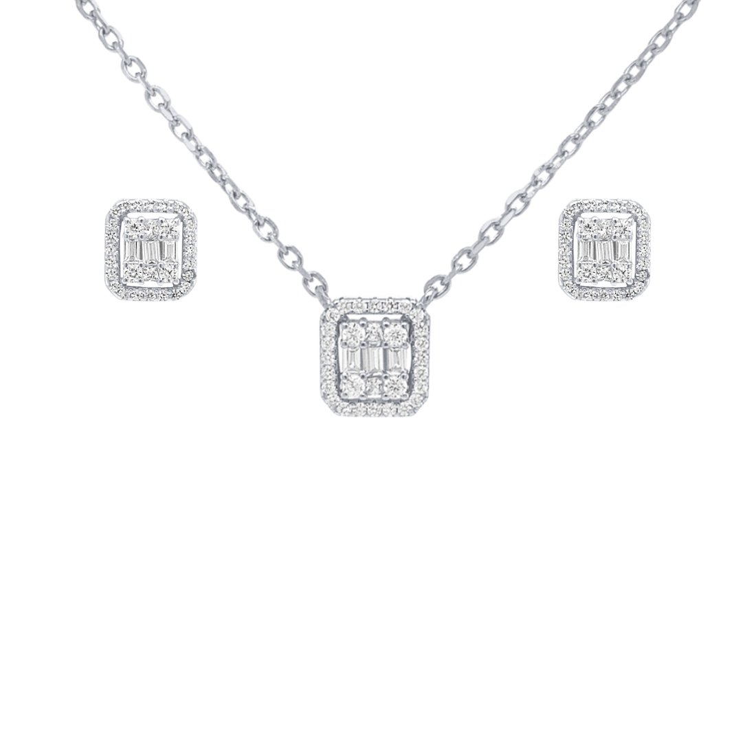 Halo Earring and Necklace Set with Cubic Zirconia in Sterling Silver Jewellery Sets Bevilles 