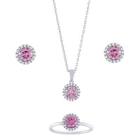Sterling Silver Halo Surround Earring Ring and Necklace Set with Cubic Zirconia Jewellery Sets Bevilles 