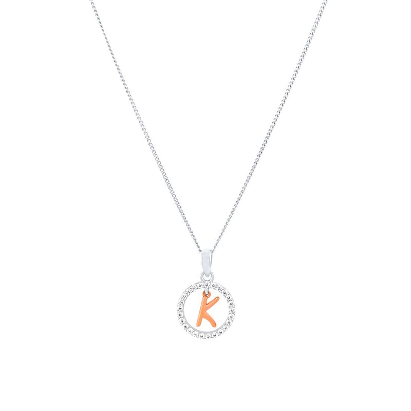Sterling Silver & Rose Plated Initial Necklace with Cubic Zirconias Necklaces Bevilles K 