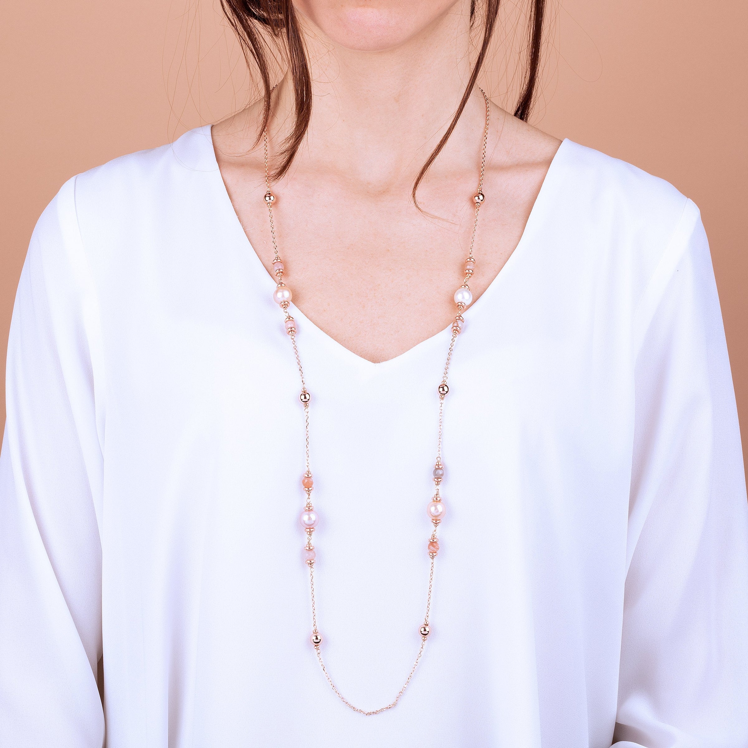 Bronzallure Peach Moonstone And Ming Pearls Necklace Necklaces Bronzallure 