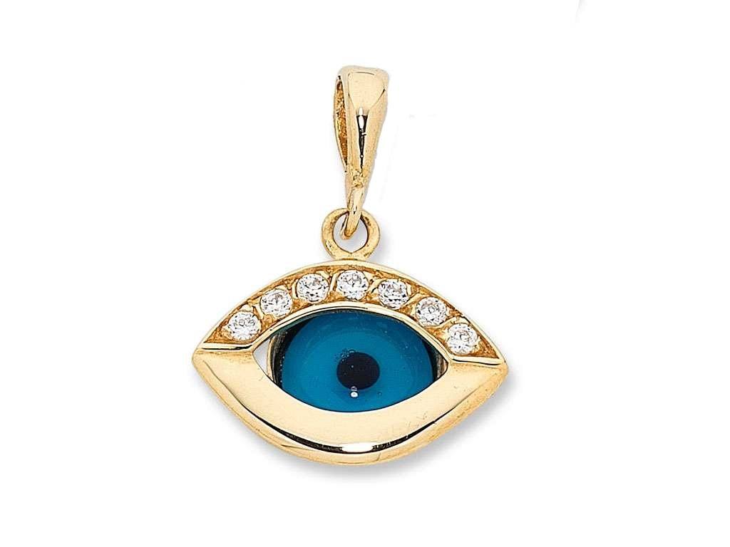 9ct Yellow Gold Blue Evil Eye Pendant with Cubic Zirconias Necklaces Bevilles 