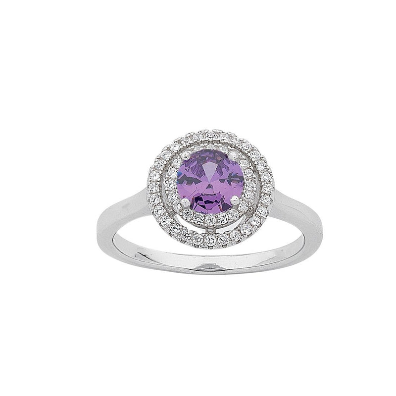 February Birthstone Sterling Silver Purple Cubic Zirconia Halo Ring Rings Bevilles 