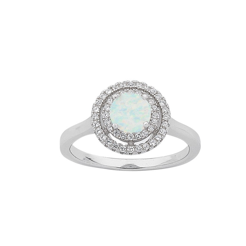 October Birthstone Sterling Silver Synthetic Opal & Cubic Zirconia Halo Ring Rings Bevilles 