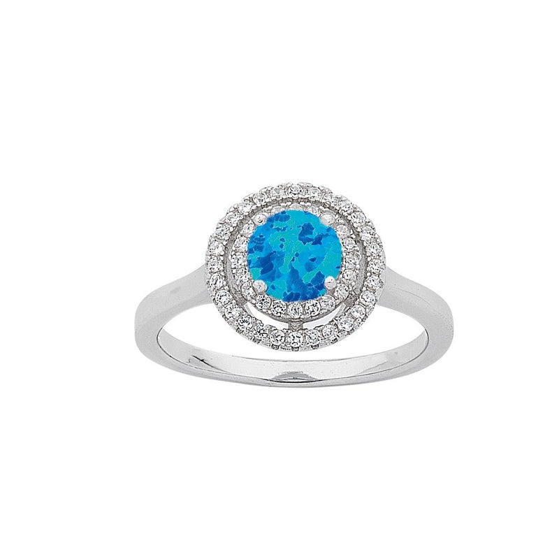 December Birthstone Sterling Silver Synthetic Blue Opal & Cubic Zirconia Halo Ring Rings Bevilles 