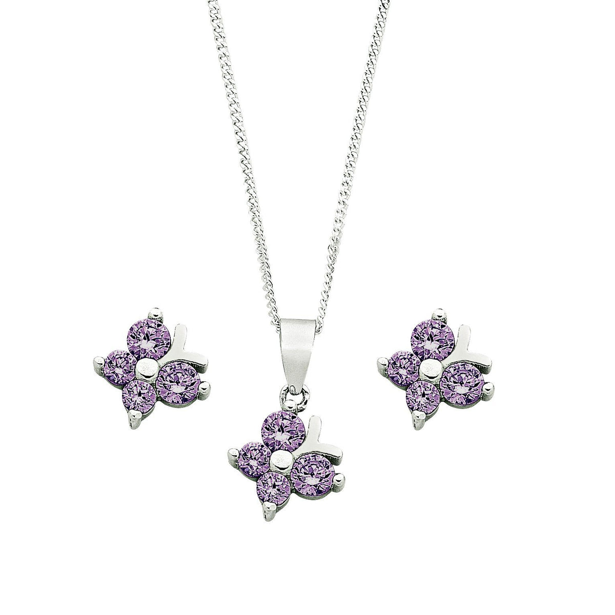 Children's Sterling Silver Purple Butterfly Earring & Necklace Set Jewellery Sets Bevilles 