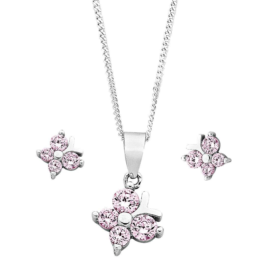 Children's Sterling Silver Pink Butterfly Earring & Necklace Set Necklaces Bevilles 