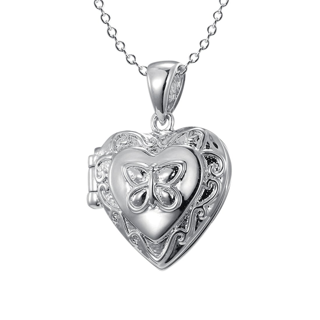 Children's Sterling Silver Engraved Heart Locket with Butterfly Necklaces Bevilles 