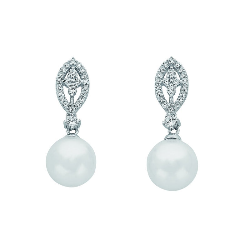 Sterling Silver Synthetic Pearl Cubic Zirconia Marquise Earrings Earrings Bevilles 