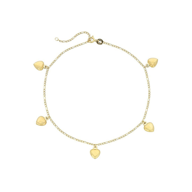 9ct Yellow Gold Silver Infused 5 Puff Heart Anklet Anklet Bevilles 