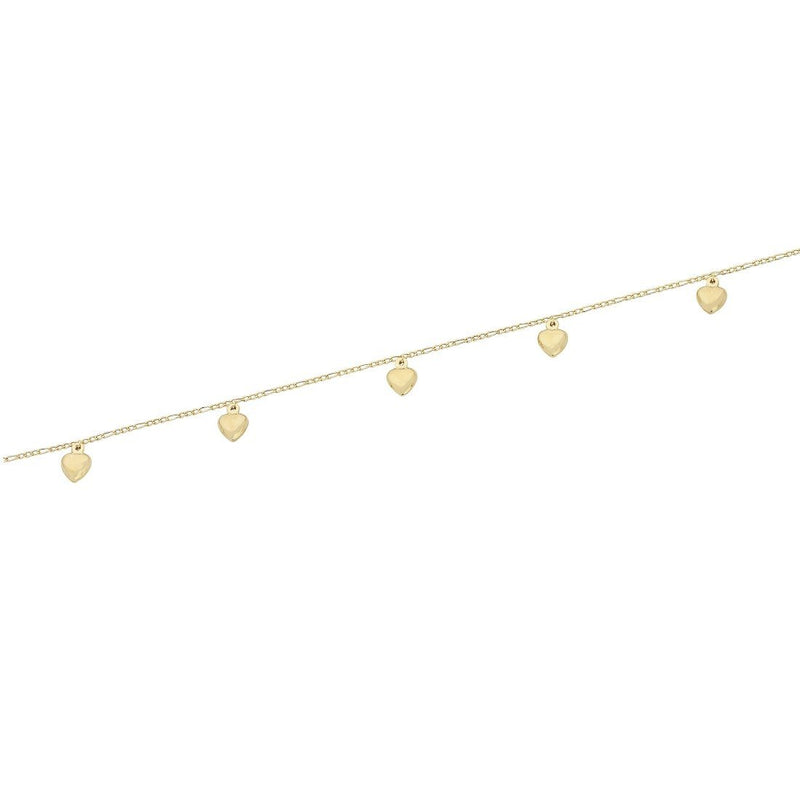 9ct Yellow Gold Silver Infused 5 Puff Heart Anklet Anklet Bevilles 