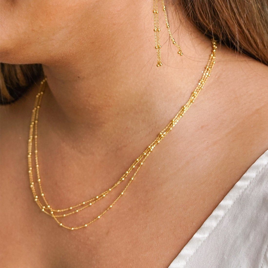 9ct Yellow Gold Silver Infused Triple Row Ball And Chain Necklace 42cm Necklaces Bevilles 