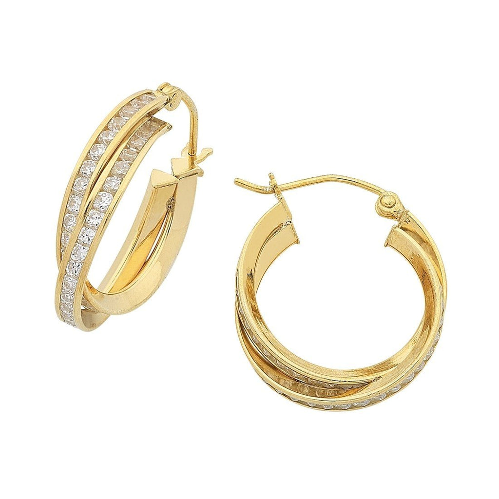 9ct Yellow Gold Silver Infused Cubic Zirconia Double Hoop Earrings 15m ...