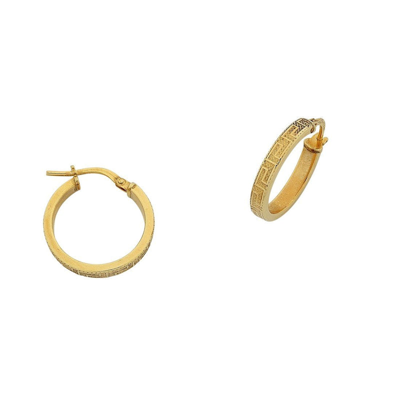 9ct Yellow Gold Silver Infused Greek Key Hoop Earrings 10mm Earrings Bevilles 