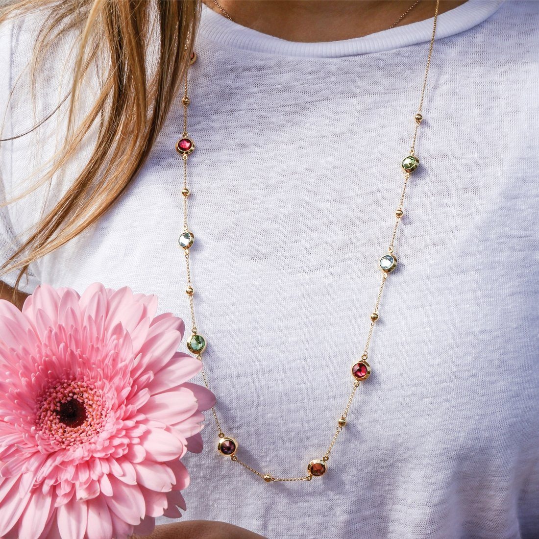 9kt Yellow Gold Silver Infused Multi Coloured Crystal Necklace 75cm