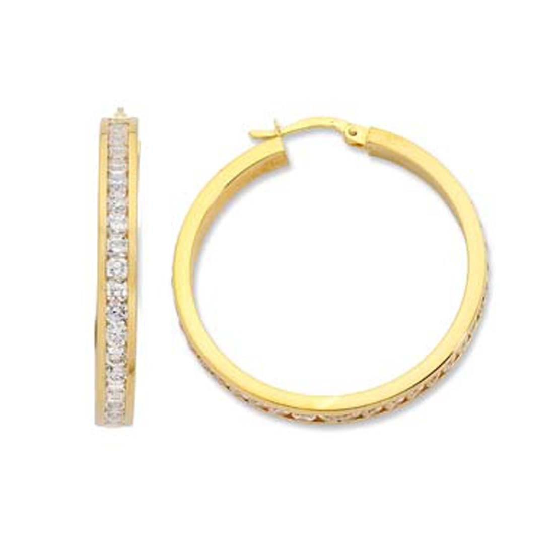 9ct Yellow Gold Silver Infused Cubic Zirconia 35mm Hoop Earrings Earrings Bevilles 