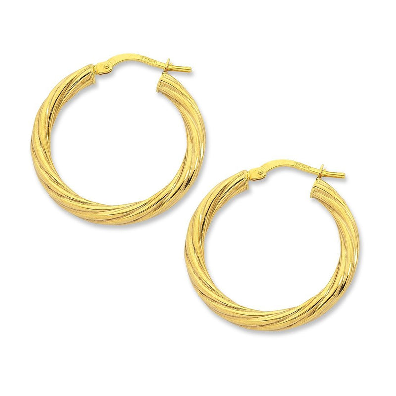 9ct Yellow Gold Silver Infused Twist Hoop Earrings 15mm Earrings Bevilles 